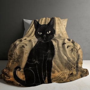 Black Cat Plush Blanket, Dark Academia Aesthetic Velveteen Throw, Witchcore Living Room Decor, Dark Cottagecore Bedroom Decor, Mystic Decor