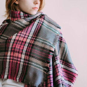 Hot Pink and Gray Blanket Scarf, Bridesmaid Shawl Tartan Plaid Scarf, Pink Plaid Blanket Scarf, Oversized Scarf, Monogrammed Blanket Shawl