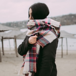 Beige Maroon Navy and Pink Blanket Scarf, Plaid blanket scarf, Pink plaid scarf, Women Navy Maroon Pink Scarf, Monogram Bridesmaid Shawl