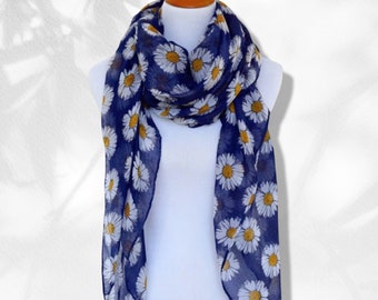 Daisy Print Scarf Floral Print Scarf Navy Scarf Shawl Handmade Gifts Mothers Day Gift Personalized Gifts For Women Scarf Women Birthday Gift