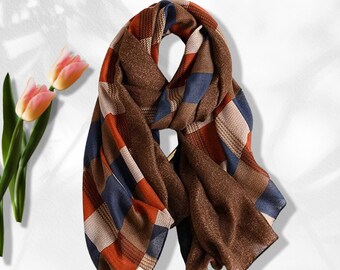 Brown Plaid Scarf Women Shawl Wrap Large Scarf Women's Scarf Infinity Scarf Mothers Day Gift Personalized Gifts For Women Beige Copper Scarf