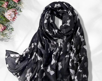 Bufanda de mariposa bufanda negra mujeres bufanda infinita regalos personalizados para las mujeres chal envoltura bufanda grande regalo del día de las madres regalos de cumpleaños para ella
