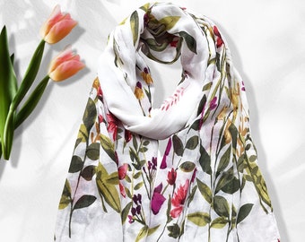 Ivory Shawl Floral Scarf Long White Scarf in Box Scarves Wrap Shawl Soft Cotton Scarf Loop Mothers Day Gift Personalized Gifts for Her