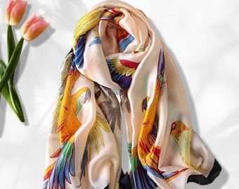 Parrot Scarf Women Silk Shawl Women Scarves Beige Summer Scarf Wrap Infinity Scarf Personalized Gifts For Her Mothers Day Gift Mom Gift