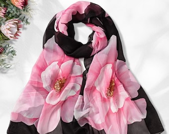 Black Floral Print Scarf Women's Scarves Personalized Gifts For Women Sheer Hawaiian Scarves Soft Chiffon Long Wrap Scarves Infinity Scarf