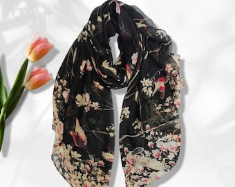 Foulard bleu canard foncé avec oiseaux Foulard d'été noir pour femme Foulards à l'infini, boucle, cadeaux personnalisés pour femme, cadeau de fête des mères pour elle