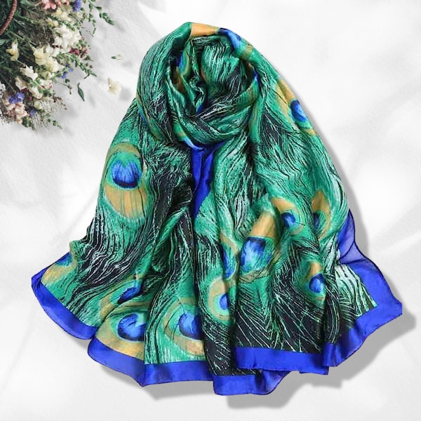 Peacock Feather Scarf Women Silk Shawl Infinity Scarf Women Scarves Peacock Shawl Mothers Day Gifts For Her Mom Gift Personalized Gift Green