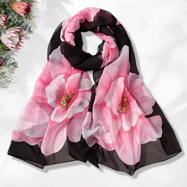 Black Floral Print Scarf Women's Scarves Personalized Gifts For Women Sheer Hawaiian Scarves Soft Chiffon Long Wrap Scarves Infinity Scarf