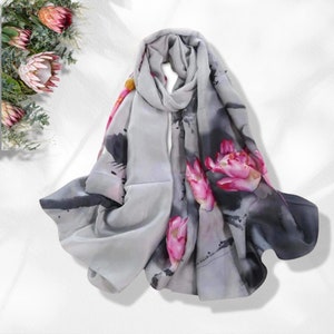 Floral Silk Scarf Women Silk Shawl Women Scarves Summer Scarf Infinity Scarf Gray Silk Personalized Gift Mothers Day Gifts For Her Mom Gift Gray