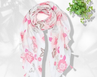 Floral & Butterfly Print Scarf Women's Scarves Personalized Gifts For Women Shawl Wrap White and Pink Scarf Mothers Day Gift for Her