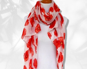 Floral Print Scarf White Red Scarf Poppy Women Scarves Fashion Scarf Mothers Day Gift Wrap Shawl Women's Scarves Personalized Gift for Mom