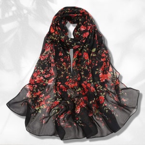 Black Floral Print Summer Scarf Women Scarves Infinity Scarves Chiffon Scarf Gifts For Her Soft Chiffon Long Wrap Scarves Mothers Day Gift