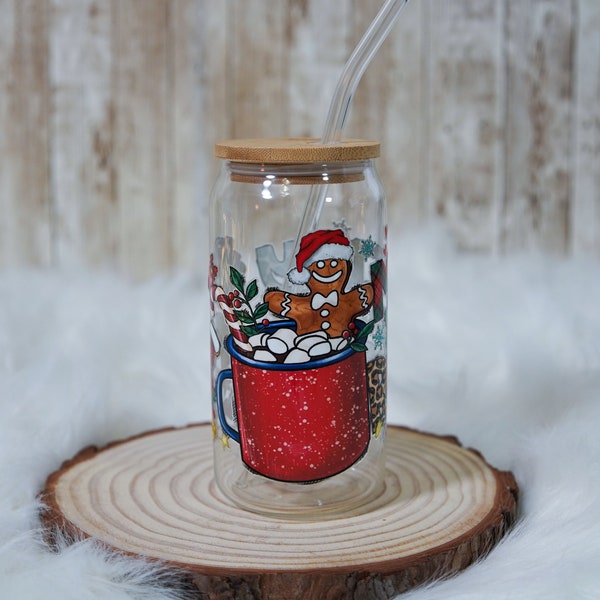 Christmas Glass Can, Christmas Iced Coffee Glass Cup, Christmas Gingerbread Man Can Glass Cup, Gift for Friends, Holiday Glass Can, Gift