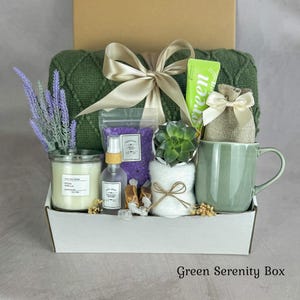 Pu&ograve; includere: Una confezione regalo contenente una coperta in maglia verde scuro con un nastro beige, una candela in vetro, uno spray, sali da bagno viola, una piccola succulenta in vaso bianco, un panno bianco, una tazza verde e un sacchetto di iuta.