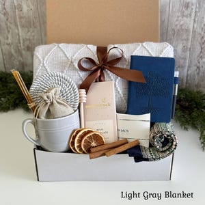Gift basket for men, Cozy Gift Box for Him, Care Package For Him, Surgery care package for men, Christmas gift baskets for men Light Gray Blanket