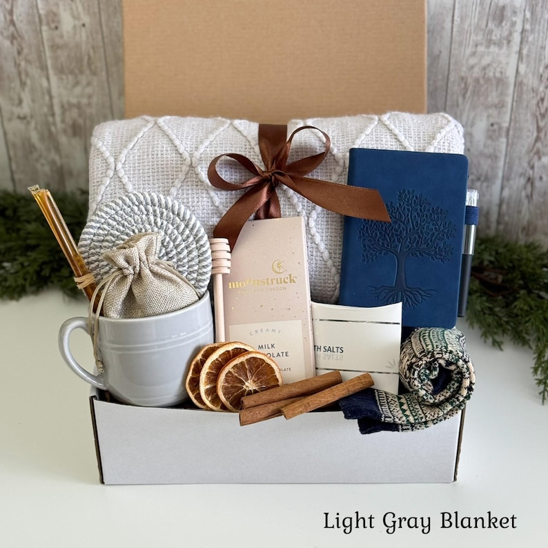 Gift basket for men, Cozy Gift Box for Him, Care Package For Him, Surgery care package for men, Christmas gift baskets for men Light Gray Blanket