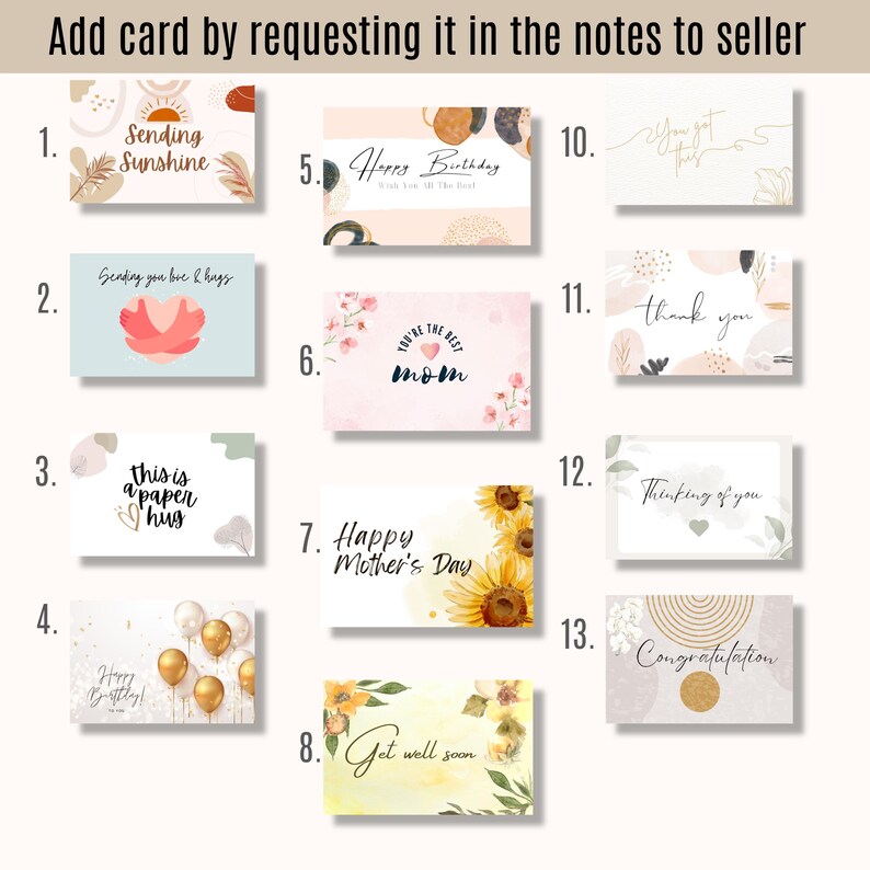 May include: A collection of thirteen rectangular greeting cards featuring various designs and text including Sending Sunshine, Happy Birthday, Sending you love & hugs, You're the best mom, Happy Mother's Day, Get well soon, You got this, thank you, Thinking of you, and Congratulation.