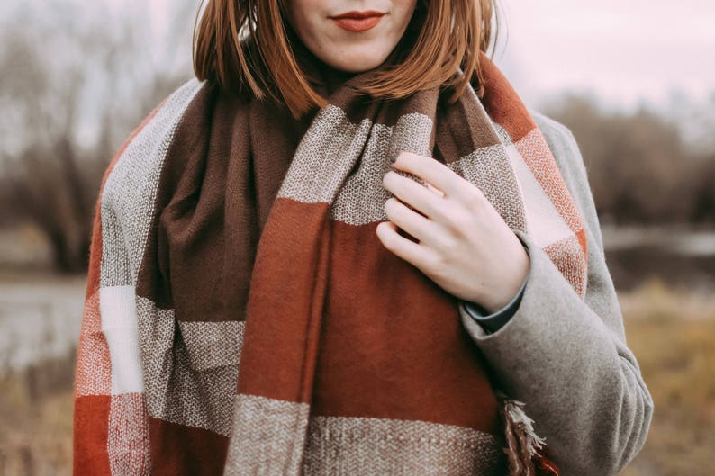 Matte Dark Rust & Brown Blanket Scarf, Oversized Scarf, Personalized Gifts, Bridesmaid Shawl, Bridesmaid Monogrammed Shawl, Flannel Shawl image 3