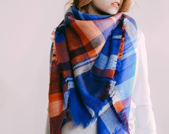 Sapphire Blue & Orange Blanket Scarf Oversized Scarf Bridesmaid Shawl Personalized Gifts Winter Scarf Bridesmaid Favors Plaid Shawl