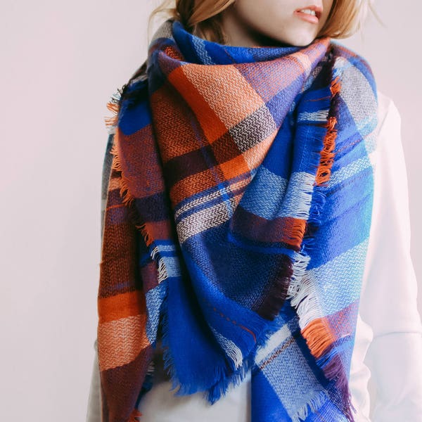 Sapphire Blue & Orange Blanket Scarf Oversized Scarf Bridesmaid Shawl Personalized Gifts Winter Scarf Bridesmaid Favors Plaid Shawl