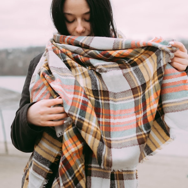Mustard & Gray Plaid Blanket Scarf, Bridesmaid Shawl, Tartan Plaid Scarf, Oversized Scarf, Personalized Gift, Plaid Shawl Wrap Wedding Shawl