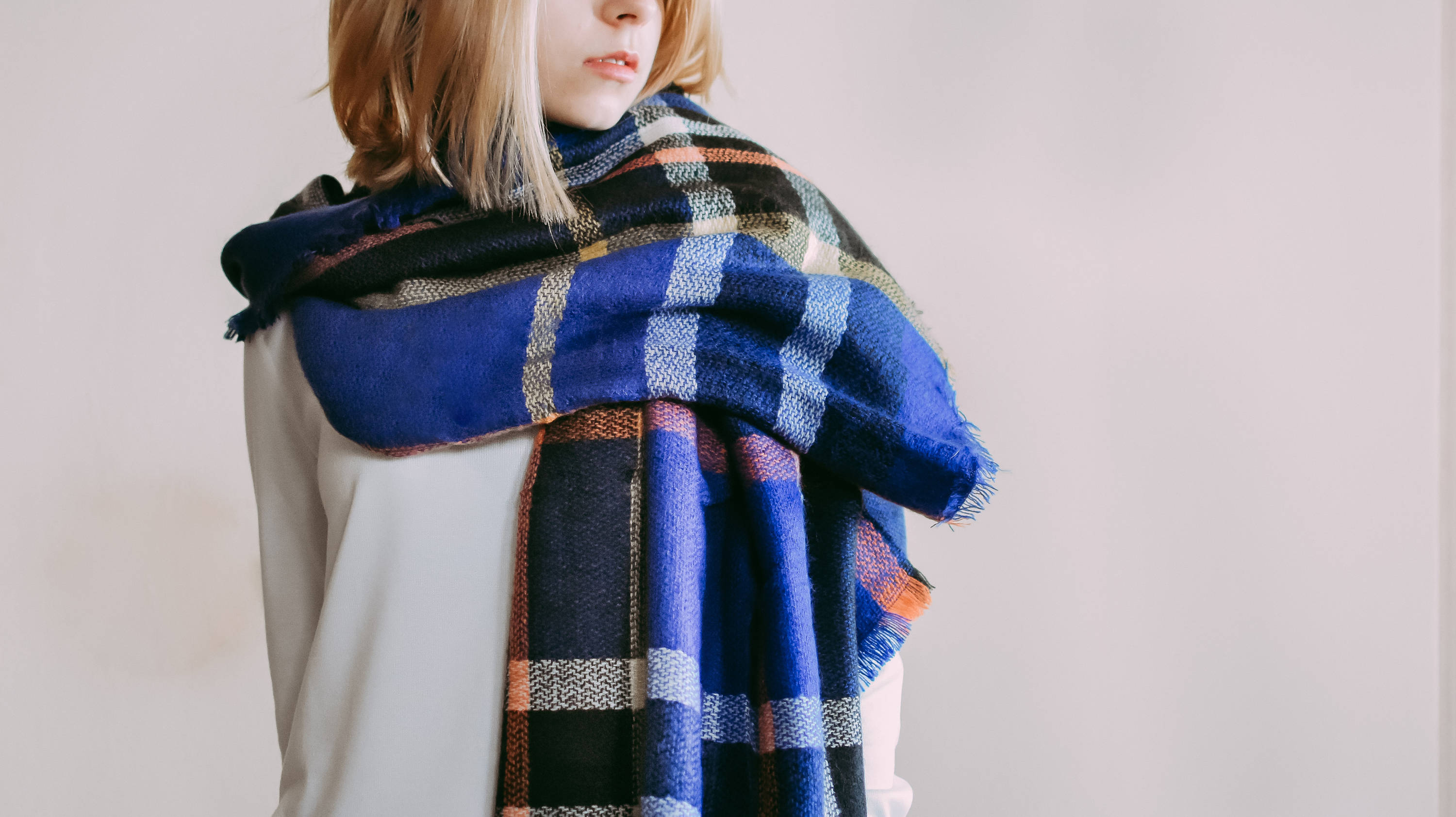 Royal Blue & Black Blanket Scarf, Oversized Scarf, Plaid Shawls