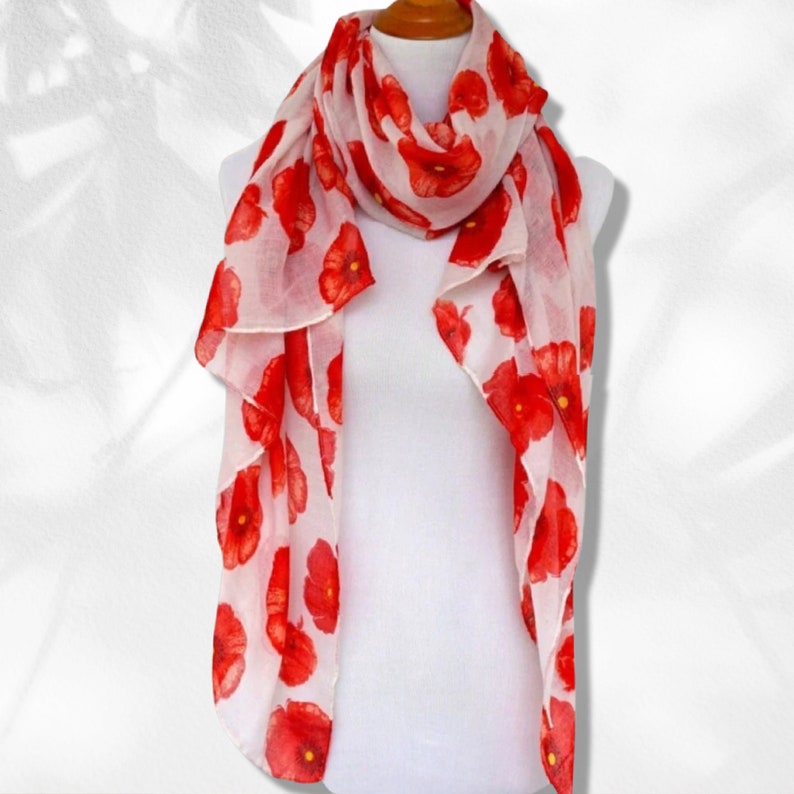 Floral Print Scarf White Red Scarf Poppy Women Scarves Fashion Scarf Mothers Day Gift Wrap Shawl Women's Scarves Personalized Gift for Mom image 1