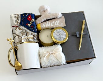 Happy Mother's Day Gift Box with Scarf, Red and Navy Satin Scarf Gift Box with Mug & Journal, Personalized Gift for Her