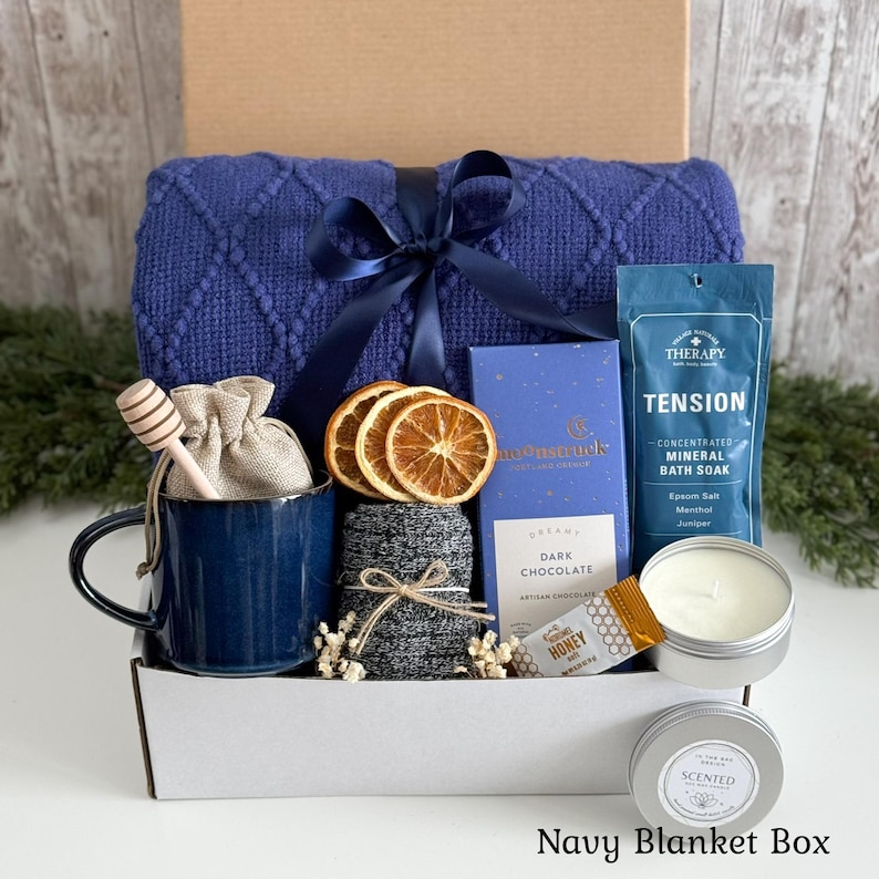 Gift basket for men, Cozy Gift Box for Him, Care Package For Him, Surgery care package for men, Christmas gift baskets for men Navy Blanket Box