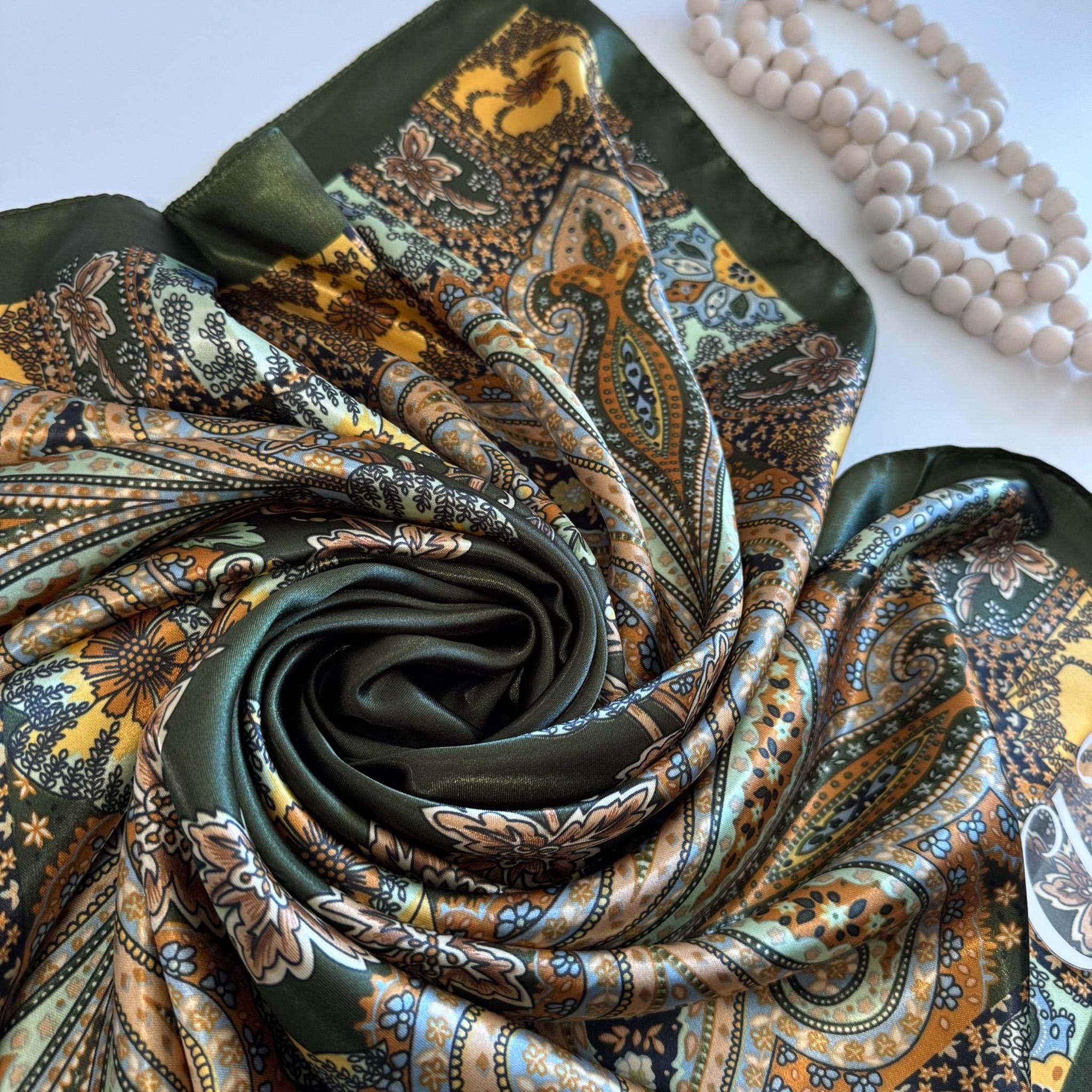 Set: Olive Green wool hat & silk scarf, multi-colored rectangle floral pattern Crochet Hat and Scarf Set: Olive Ombre Wool Blend, Big  main image 4