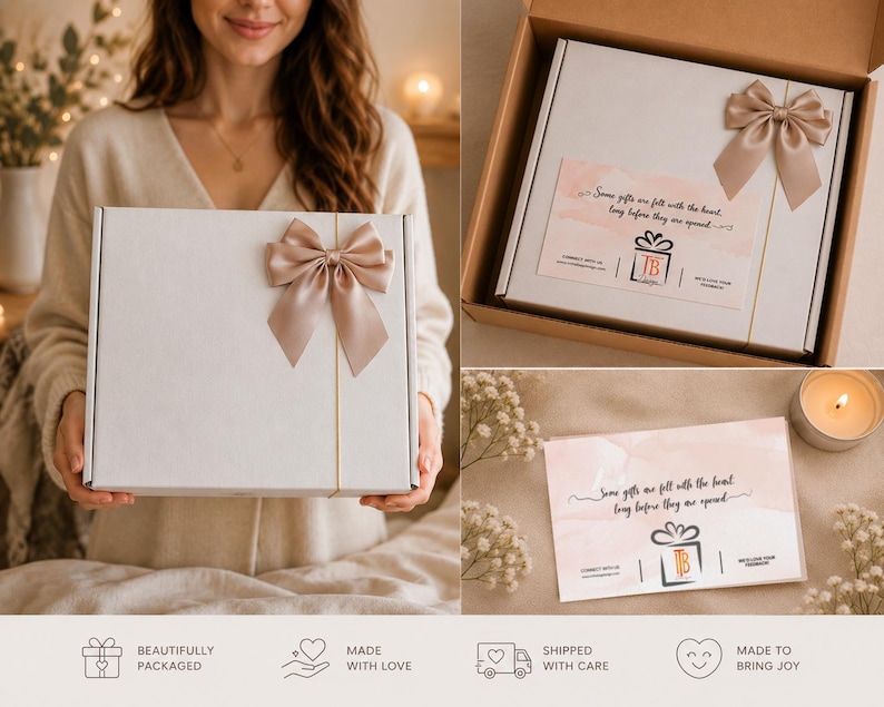 May include: A white square gift box adorned with a satin champagne-colored ribbon bow. The box contains a card with the text: Some gifts are felt with the heart, long before they are opened. The card also features a logo with the letters TB.