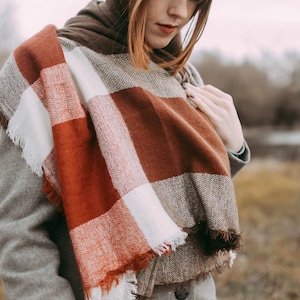 Matte Dark Rust & Brown Blanket Scarf, Oversized Scarf, Personalized Gifts, Bridesmaid Shawl, Bridesmaid Monogrammed Shawl, Flannel Shawl