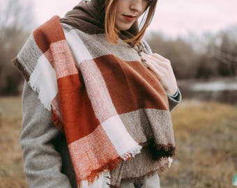 Matte Dark Rust & Brown Blanket Scarf, Oversized Scarf, Personalized Gifts, Bridesmaid Shawl, Bridesmaid Monogrammed Shawl, Flannel Shawl