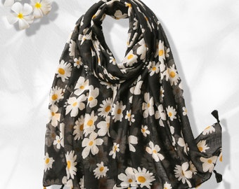 Black Floral Print Scarf Daisy Print Scarf Wrap Shawl Women Scarves Infinity Scarf Personalized Scarf Women Mothers Day Gift Mom Gift Friend