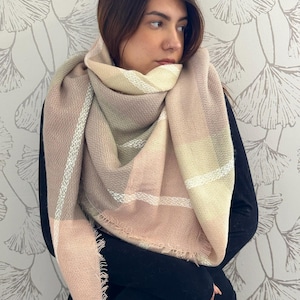 Blush Rose and Gray Blanket Scarf, Personalized Scarf, Tartan Plaid Scarf, jr bridesmaid gift, Monogram Scarf, Bridesmaids Gifts, Shawl