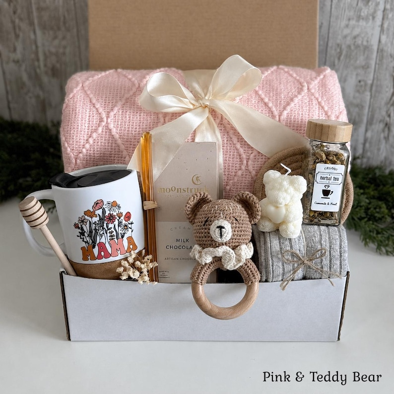 New Baby Gift Box, Congrats On Your New Baby, New Mama Gift Basket, Congratulations Pregnancy Gift Set, Postpartum care package Pink & Teddy Bear