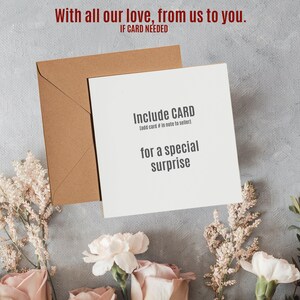 May include: A square white greeting card with the text Include CARD (add card # in note to seller) for a special surprise, paired with a brown kraft paper envelope. The top of the image features the text With all our love, from us to you.
