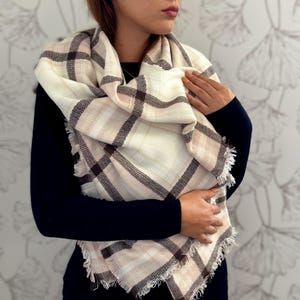 White & Blush Pink Blanket Scarf Oversized Scarf Personalized Gifts, Bridesmaid blanket scarf, Bridesmaid Shawl, White plaid blanket scarf
