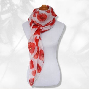 Floral Print Scarf White Red Scarf Poppy Women Scarves Fashion Scarf Mothers Day Gift Wrap Shawl Women's Scarves Personalized Gift for Mom image 2