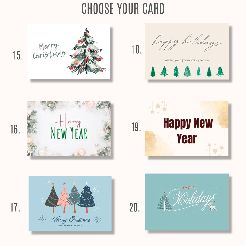 May include: A collection of six rectangular holiday greeting cards labeled 15 through 20. Designs include watercolor Christmas trees, festive text like Merry Christmas, Happy New Year, and Happy Holidays, along with decorative stars and reindeer motifs.