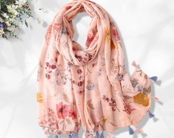 Pink Peach Linen Floral Scarf Summer Scarf Wrap Personalized Scarf Bohemian Scarf Shawl Women Scarf Infinity Scarf Mothers Day Gift for Her