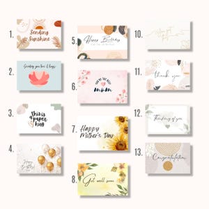 May include: A collection of thirteen rectangular greeting cards featuring various designs and text including Sending Sunshine, Happy Birthday, Sending you love & hugs, this is a paper hug, You're the best mom, Happy Mother's Day, Get well soon, You got this, thank you, Thinking of you, and Congratulation.