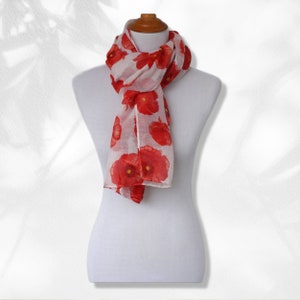 Floral Print Scarf White Red Scarf Poppy Women Scarves Fashion Scarf Mothers Day Gift Wrap Shawl Women's Scarves Personalized Gift for Mom image 3