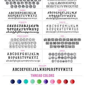 May include: A chart displaying various monogramming fonts including Master Circle, Stacked, Classic, Party Time, Etiquette, Curly Q, Single Classic, Vine, Tipsy, Circle, and Cotillion, followed by a palette of twenty circular thread color samples.