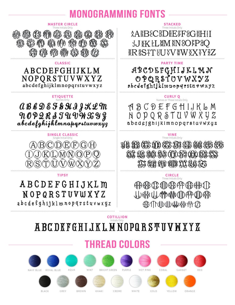 May include: A chart displaying various monogramming fonts including Master Circle, Stacked, Classic, Party Time, Etiquette, Curly Q, Single Classic, Vine, Tipsy, Circle, and Cotillion, followed by a palette of twenty circular thread color samples.
