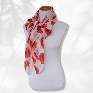 Floral Print Scarf White Red Scarf Poppy Women Scarves Fashion Scarf Mothers Day Gift Wrap Shawl Women's Scarves Personalized Gift for Mom image 4