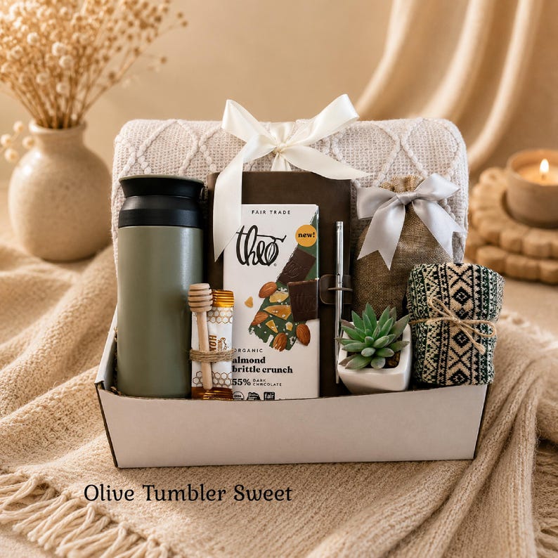 Gift basket for men, Cozy Gift Box for Him, Care Package For Him, Surgery care package for men, Christmas gift baskets for men Olive Tumbler Sweet