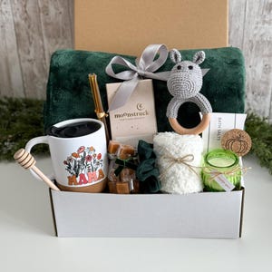 First time mom care package, Gift baskets for new moms, Post partum gift basket, Care package postpartum, New mom gift basket Green Blanket Basket