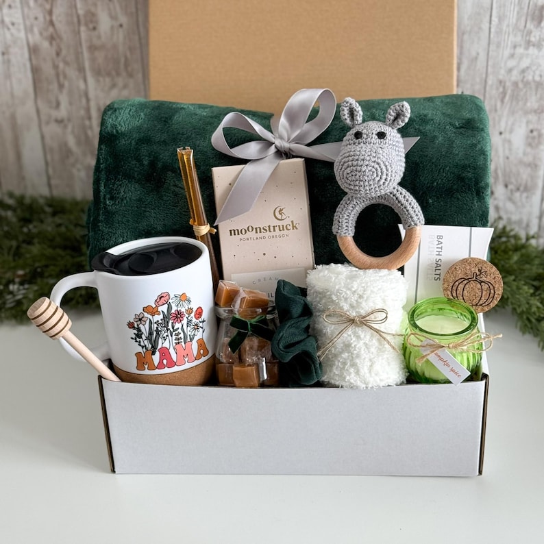 First time mom care package, Gift baskets for new moms, Post partum gift basket, Care package postpartum, New mom gift basket Green Blanket Basket