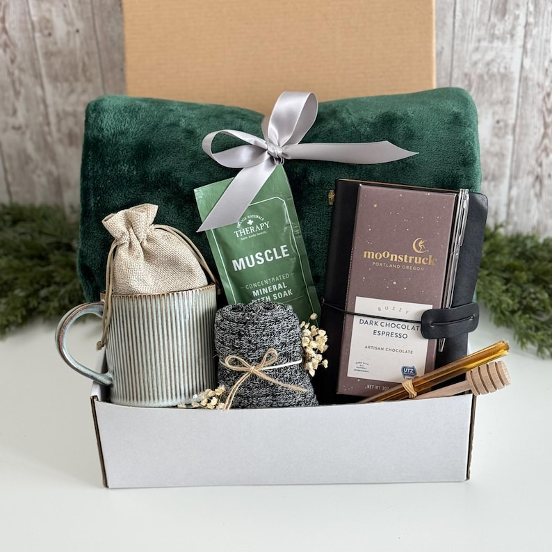 Care Package for Men Get Well Soon Gift Box, Surgery Recovery Basket, Thinking of You Gift for Him, Men’s Care Box Olive Blanket Spa